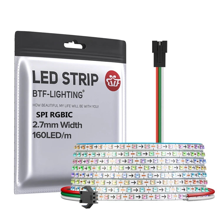 2.7mm Ultra Narrow 12V 5V WS2812B Individually Addressable IP30 160 LEDs/m SMD 0807 SPI RGBIC Programmable Digital Led Strip