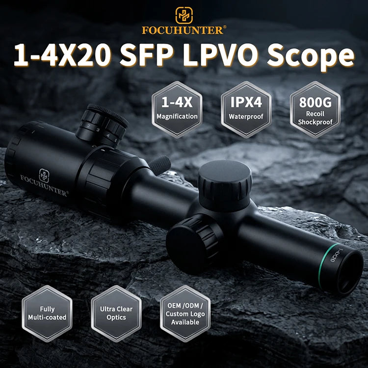 FOCUHUNTER Shockproof 800G LPVO 1-4X20E Red Green Illuminated Optical Hunting Scope Short-Mid Range Tactical Telescopic Scope MegaBDM