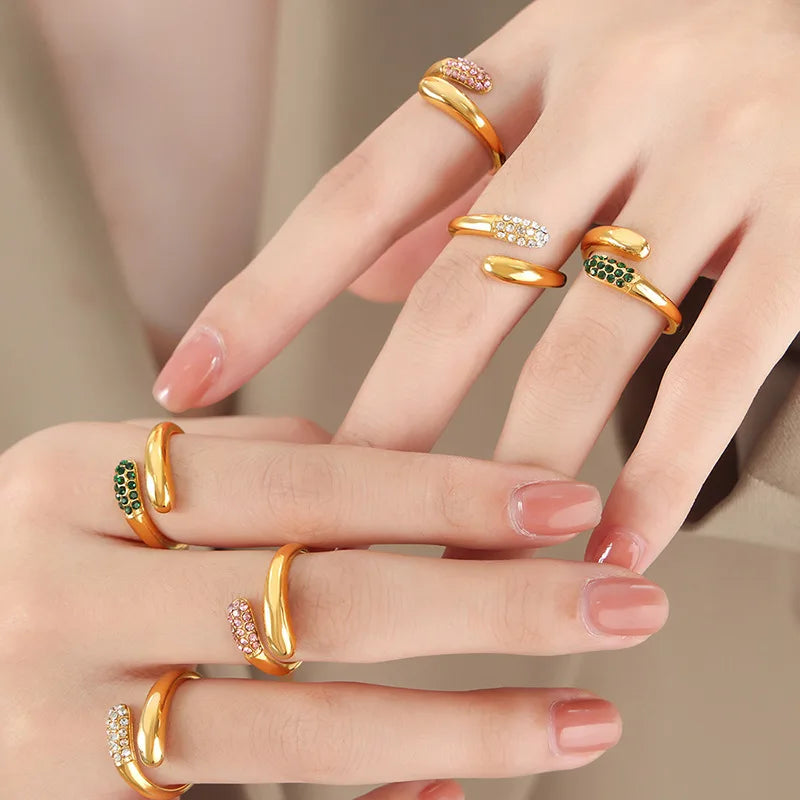 Pvd 18k Gold Plated Stainless Steel Ring Open Adjustable Snake Zircon Rings