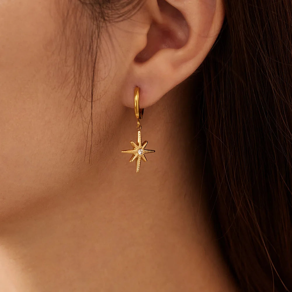Korean Version of New Octagonal Star Stainless Steel Inlaid with Zircon Fashionable Niche and Versatile Design Earrings