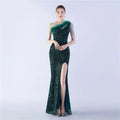 31327# Wholesale Ostrich Wool Process Oblique Shoulder Side Slit High-end Evening Dress