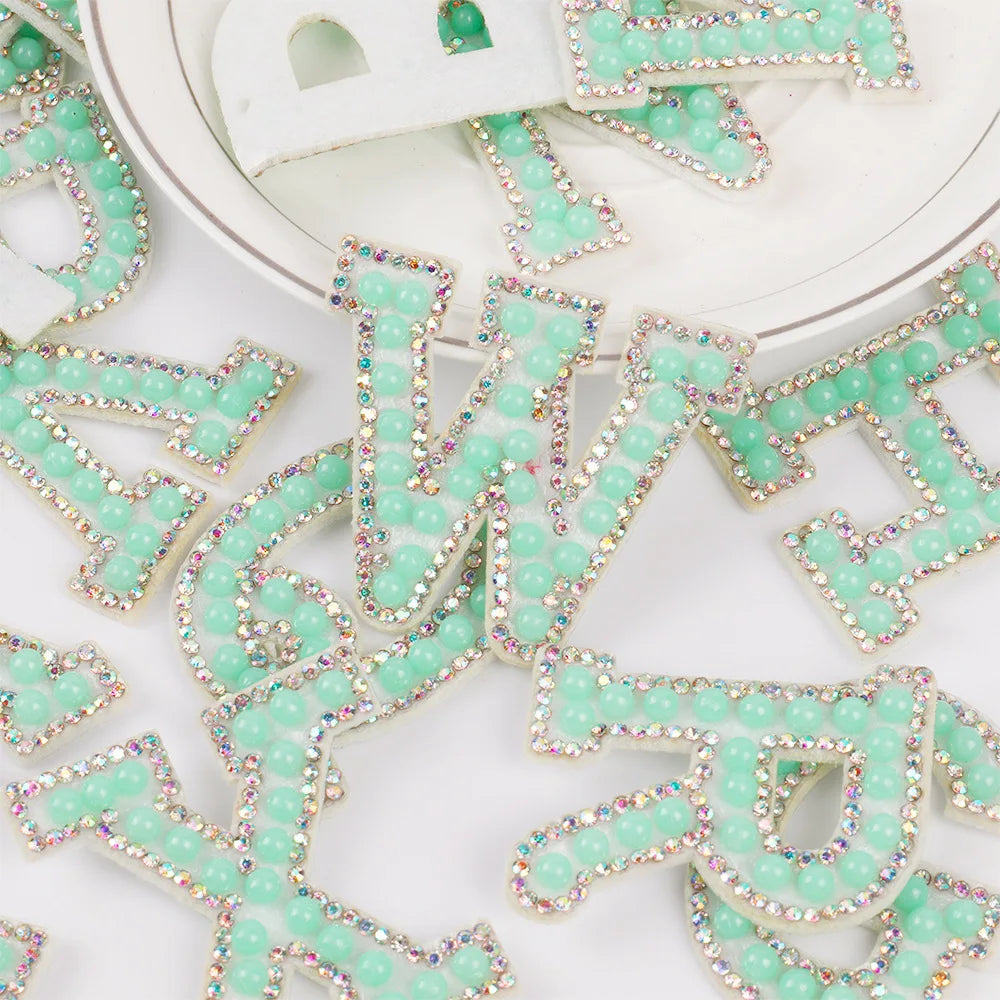 Hot Sale Iron on 4.5CM White  Colorful  Rhinestone  Pearl Letter Patch