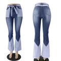 Retro High-Waist Two-Tone Patchwork Belted High-Quality Women's Denim Flare Jeans