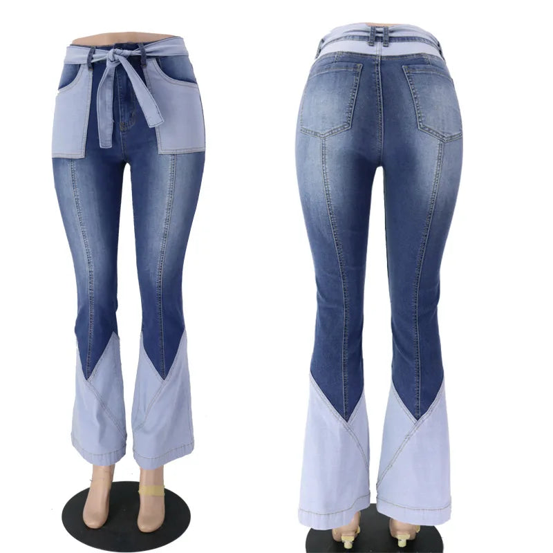 Retro High-Waist Two-Tone Patchwork Belted High-Quality Women's Denim Flare Jeans