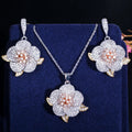 3 Tone Silver Color Full Micro Paved Cubic Zirconia Women Jewellery Flower Shaped Pendant Necklace and Earrings Jewelry Sets