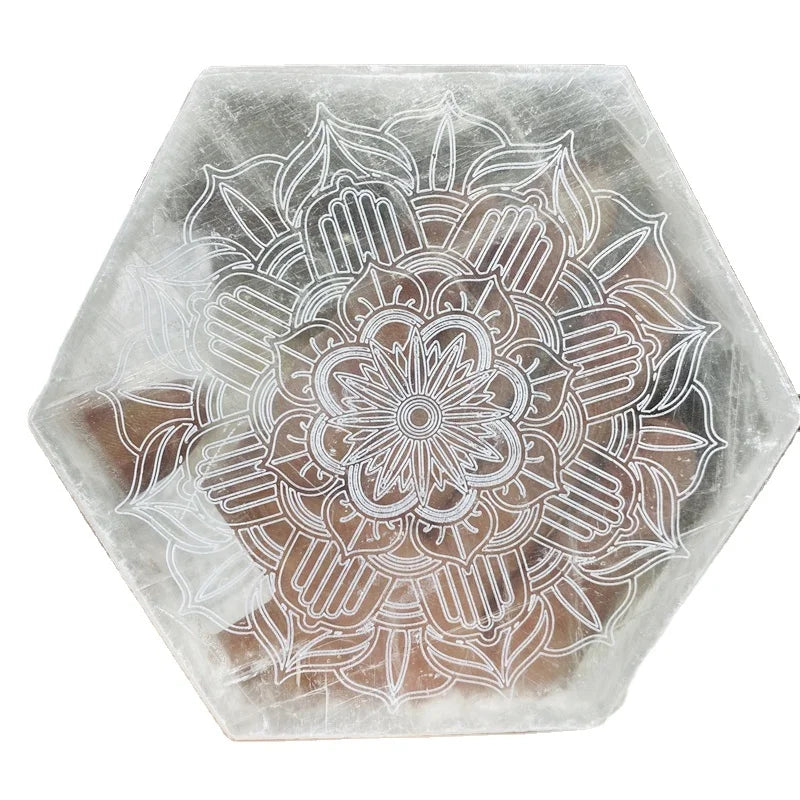 Wholesale Natural Selenite Slice Carved Tree of Life Selenite Plate crystal laser grid