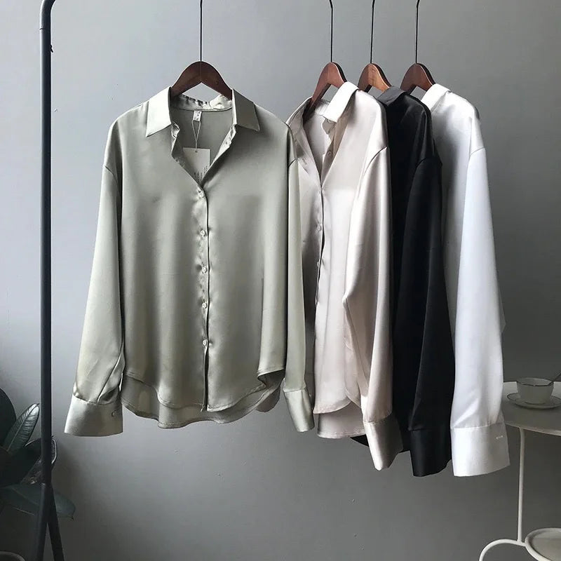 2025 Autumn Fashion Button up Satin Silk Shirt Vintage Blouse Women White Lady Long Sleeves Female Loose Street Shirts