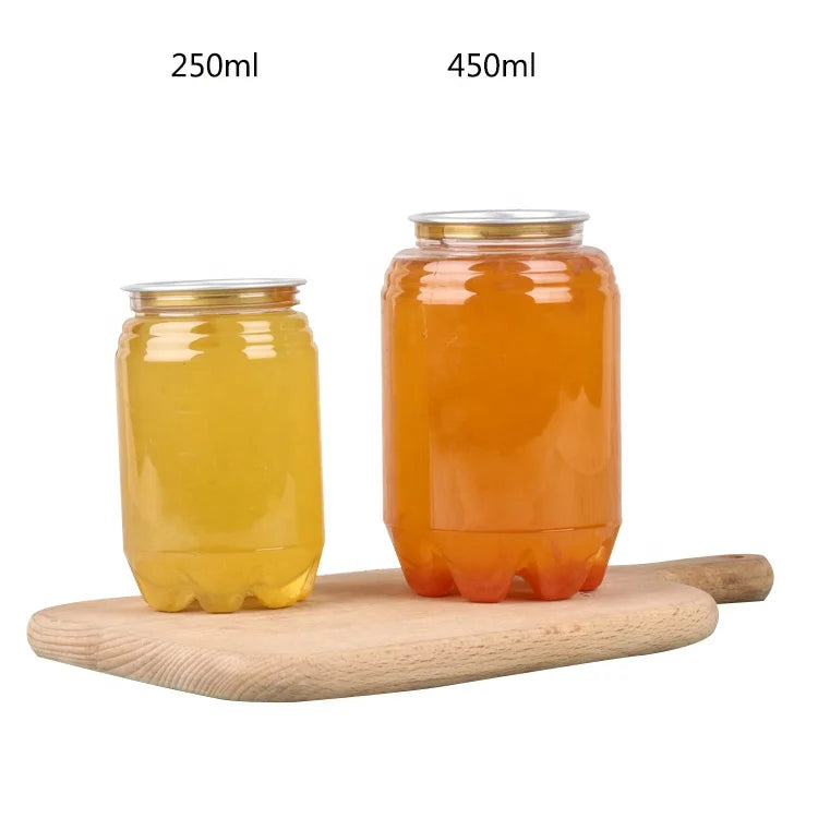 Transparent 250ml PET Plastic Soda Can with Aluminium Easy Open Lid for Coffee Tea Energy Drinks