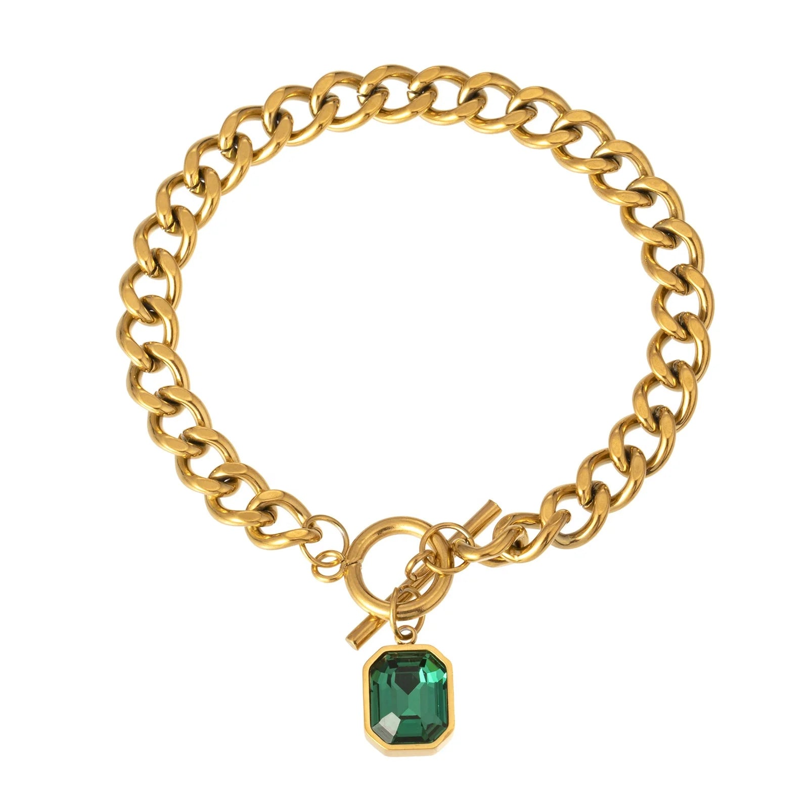 Classic Fashion Trend Jewelry Geometric Rectangle Stainless Steel Gold Plated Green Zircon Pendant Woman Cuff Bracelet