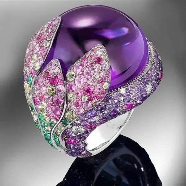 Huitan Vintage Big Lady Full Stone Ring Silver Color Purple Bead Rhinestone Diamond Inlaid Pearl Rings Woman 2026