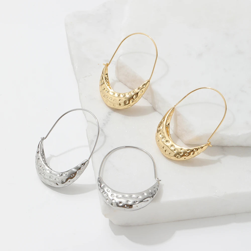 JLE0260 High End 18K PVD Big Gold Plated Hollow Hammered Dangle Stainless Steel Hoop Earring