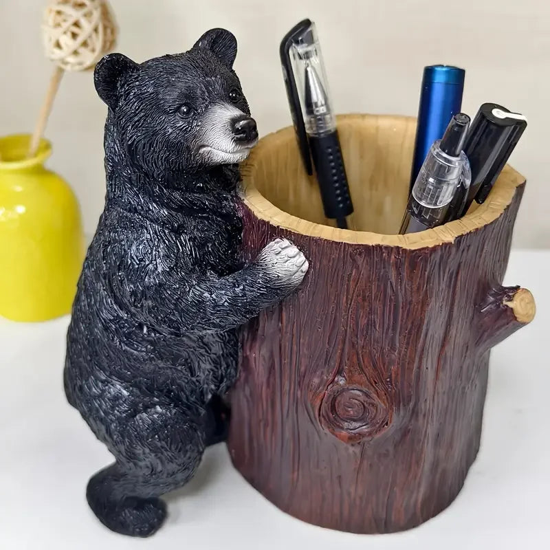 Hot Sale Cute Creative Black Bear Pen Holder Resin Sculpture Log Design Realistic Fur Texture Wood Grain Details Hand-painted