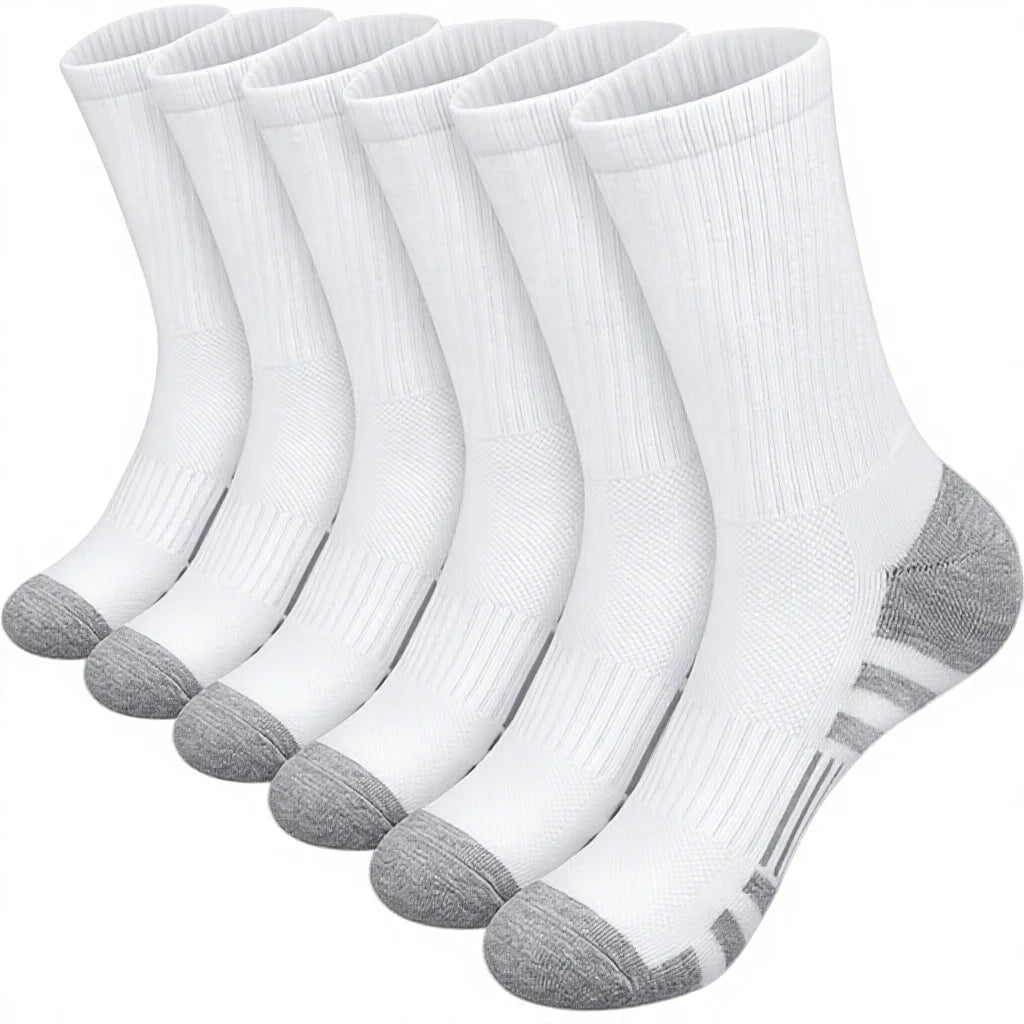 Autumn and Winter White Knitted Stocks for Men Custom Made with Fashionable Print Logo for Basketball Minimum Order 10 Pairs