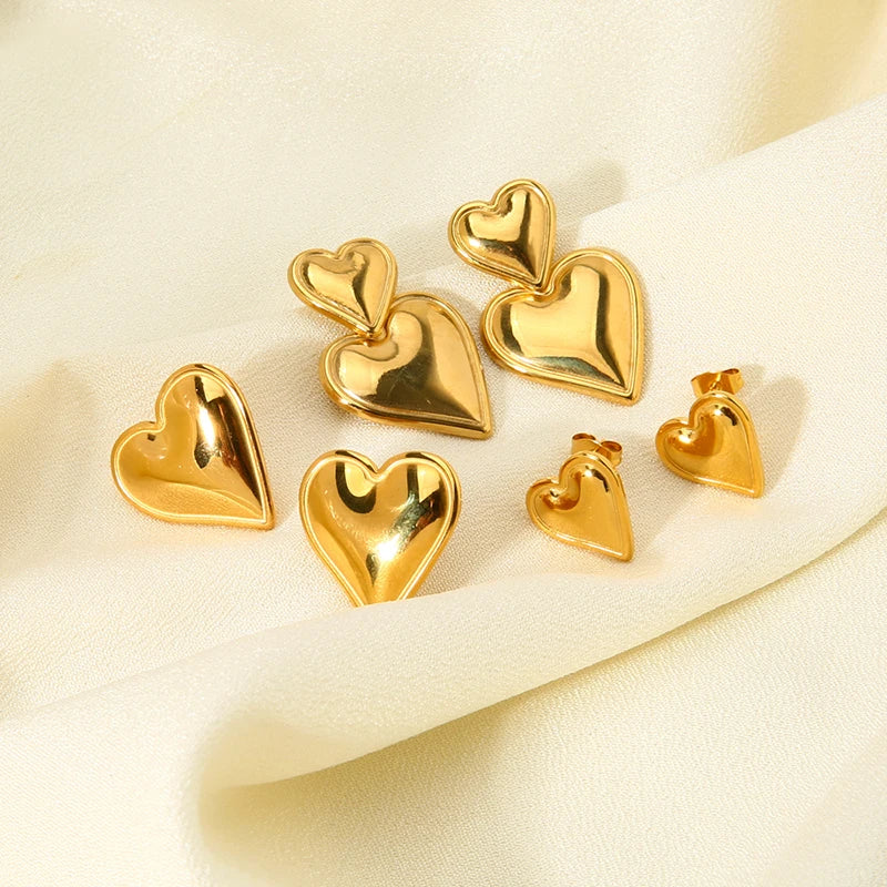 INS Trendy Stainless Steel Heart Stud Earring 18K Gold Color Waterproof Double Heart Drop Earrings Jewelry Gift