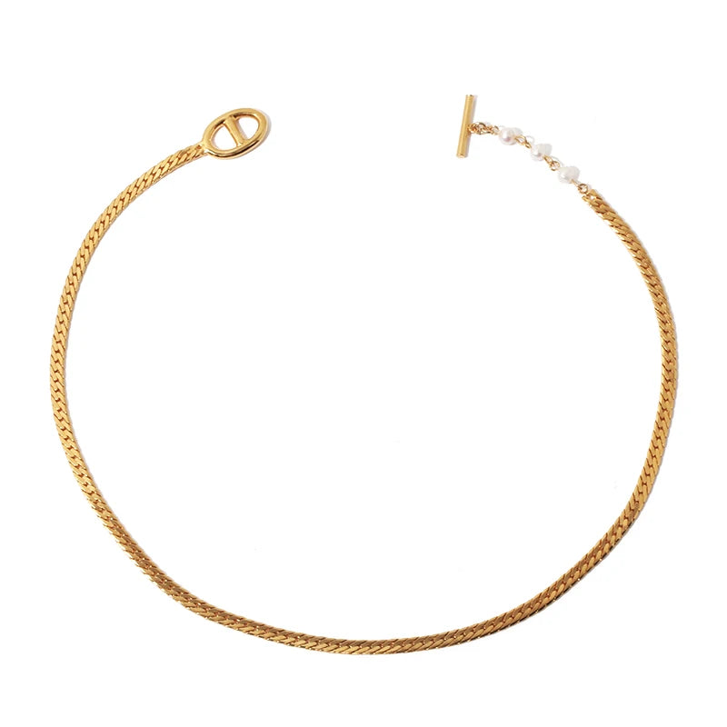 Lady Simple Charm Choker Snake Bone Chain Necklace Gold Vacuum Plated Real Pearl Customizable Brass Bohemia Style for Party Gift