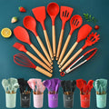 12-Piece Eco-Friendly Silicone Kitchen Utensils Set with Wooden Handles Dishwasher Safe Cooking Tools and Accessories