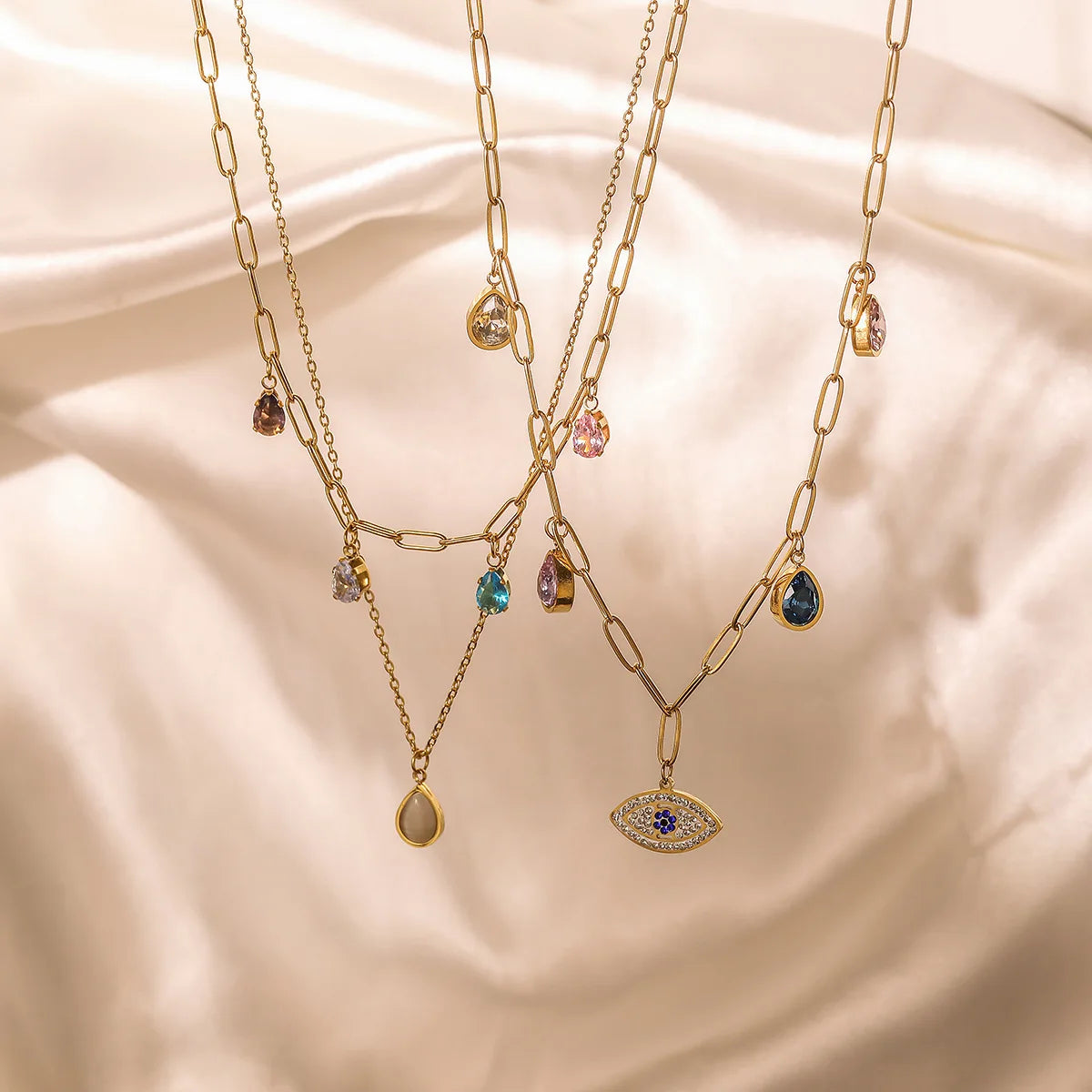 Luxury Quality Jewelry Gold Plated Brass Geometric Devil's Eye Water Drop Colored Zircon Tassel Necklace