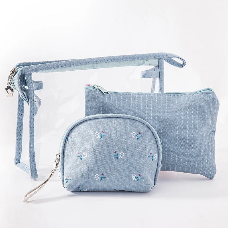Maleta De Maquillaje Three Piece Travel Ladies Transparent Clear Zipper Makeup Storage Bag Set Toiletry Pouch Pvc Cosmetic Bag
