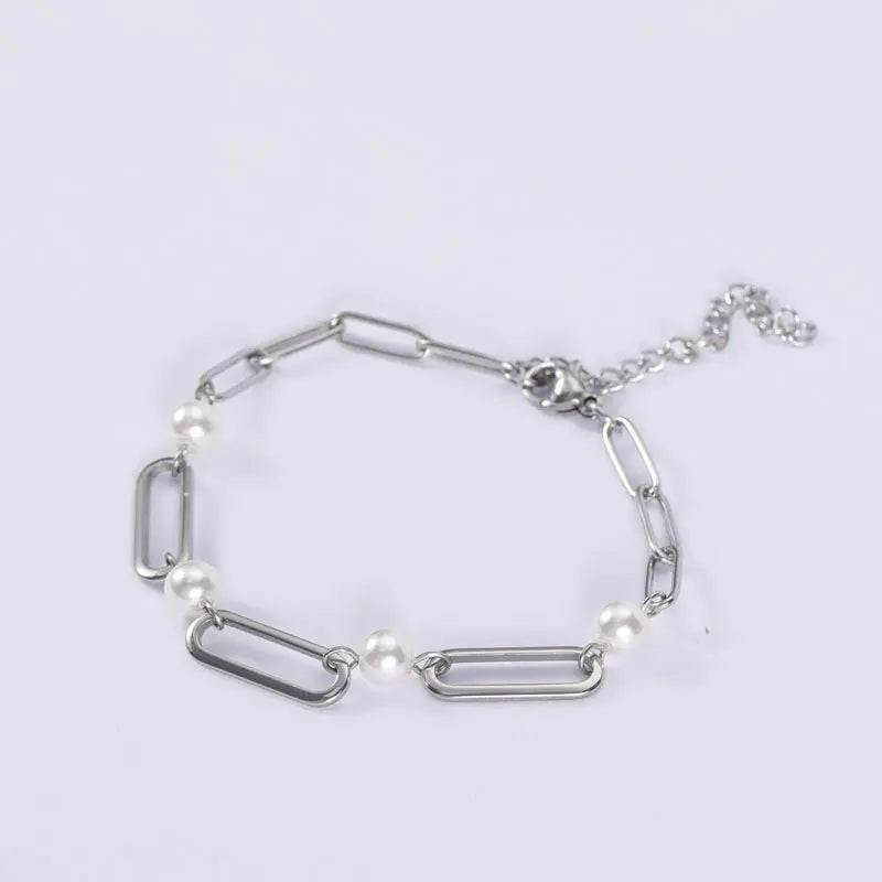 Custom Simple Hip Hop Stainless Steel Cross Lock Single Layer Bracelet Freshwater Pearl Bracelet