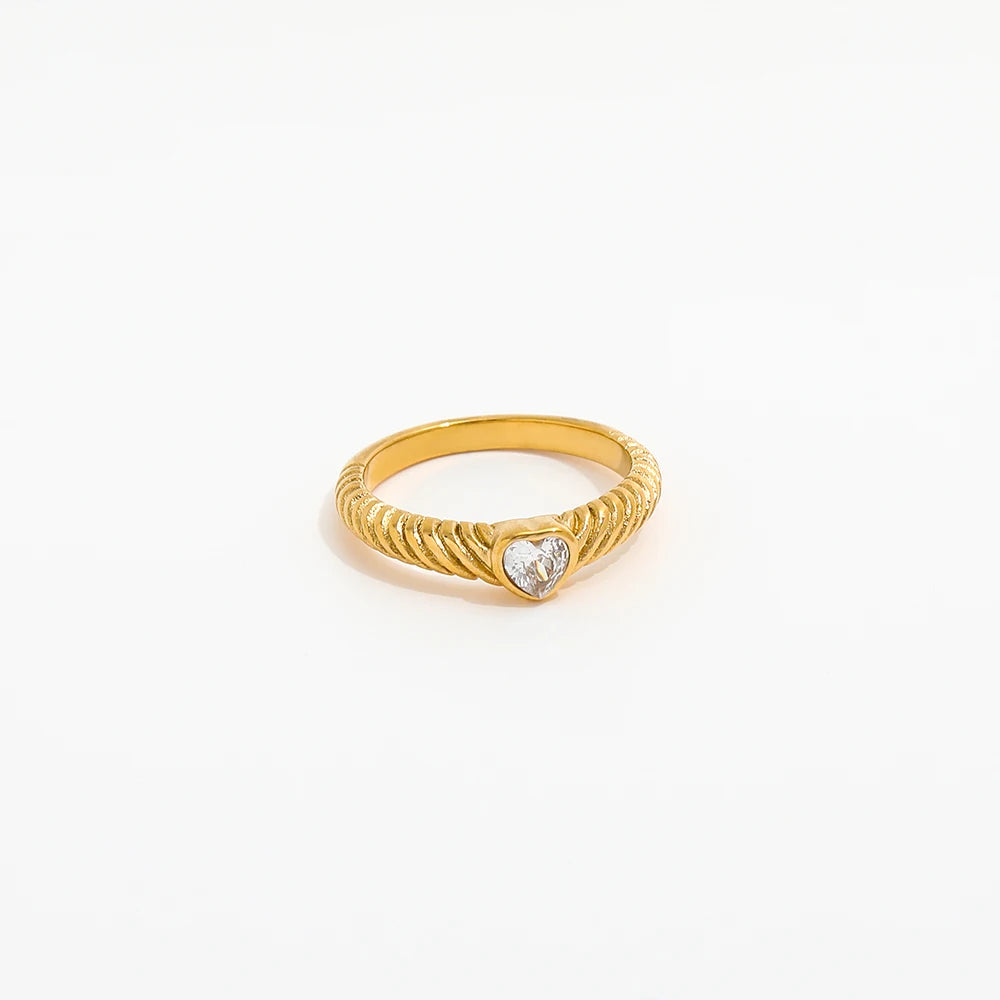 High End 18K Plain Gold Zirconia Heart Narrow Croissant Rings Stainless Steel Trendy Simple Gold Plated Jewelry