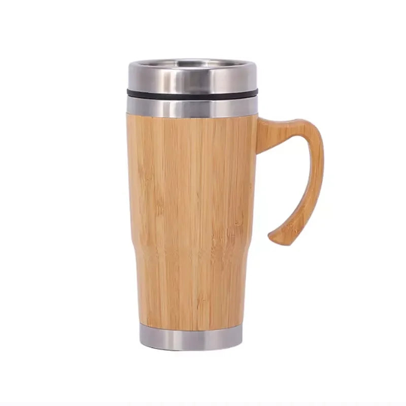 Bamboo Body 450 ml Double Wall Stainless Steel Coffee Mugs Thermos Flask Tumbler with Handle
