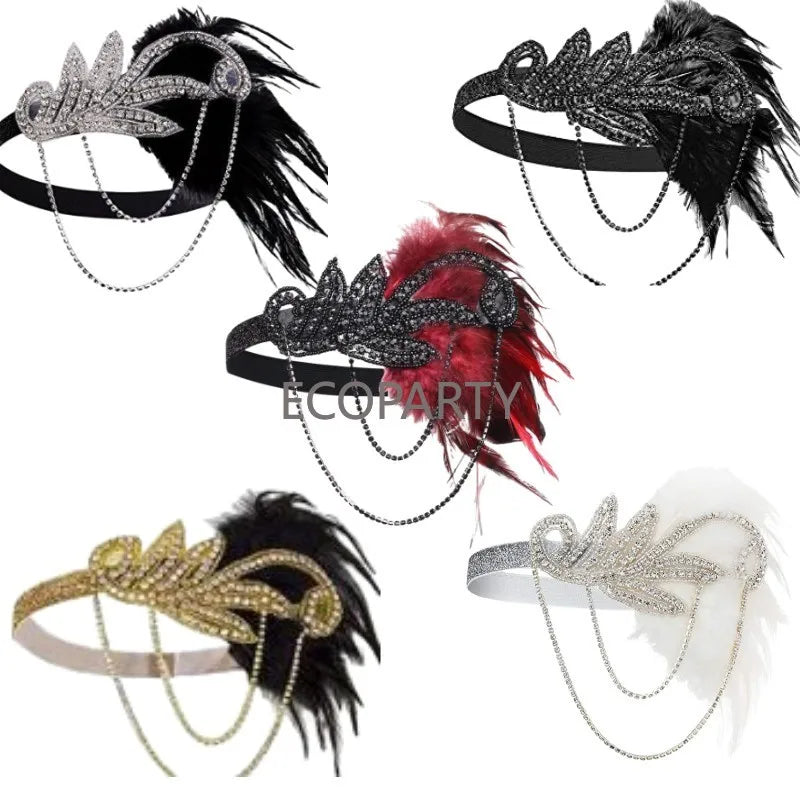 1920s Headband Feather Retro Party Props GATSBY CHARLESTON Headband Pearl Necklace White Feather Band for Wedding