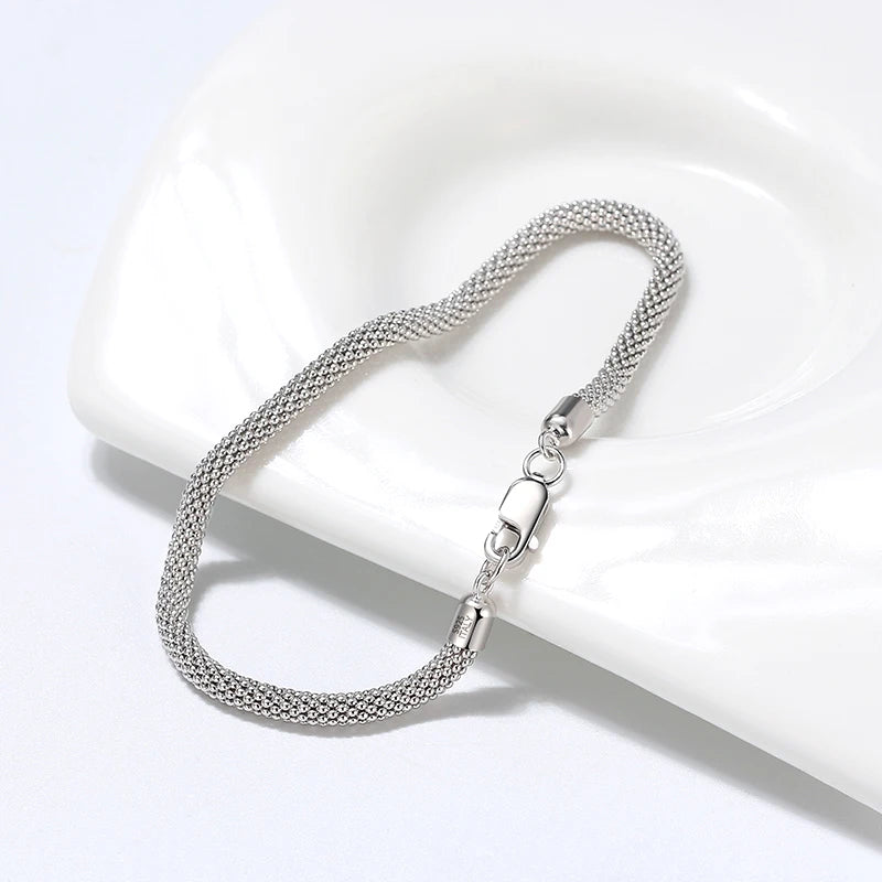 RINNTIN SB65 Fashion 2020 Jewelry 925 Sterling Silver 3.0mm Mesh Popcorn Chain Bracelet for Women Men