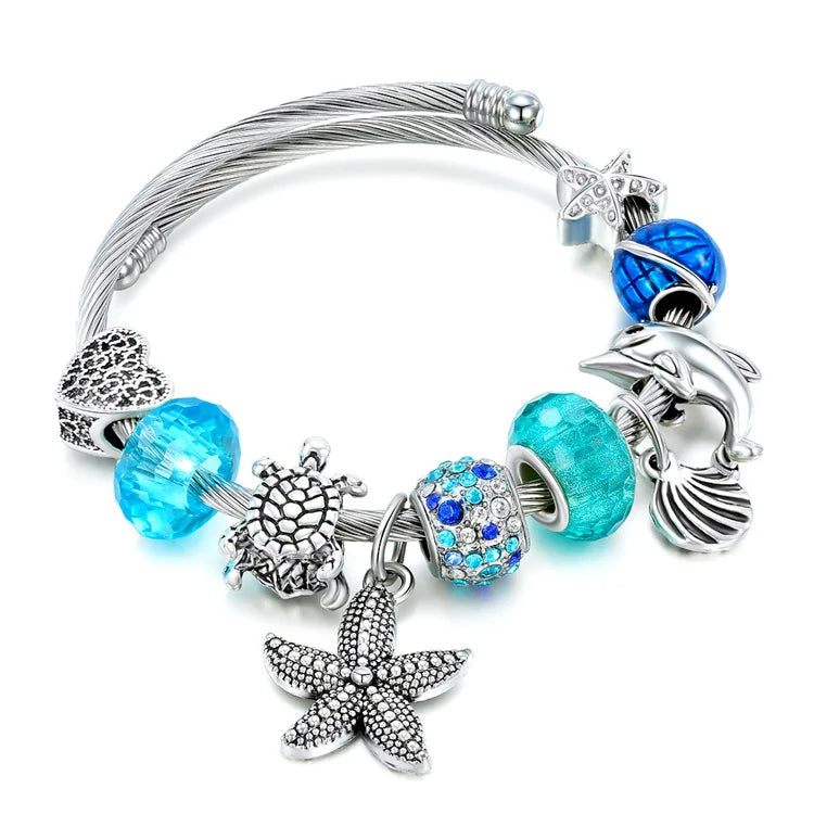 Wholesale Fashion Jewelry Blue Crystal Ocean Series Starfish Turtle Beaded Bracelets