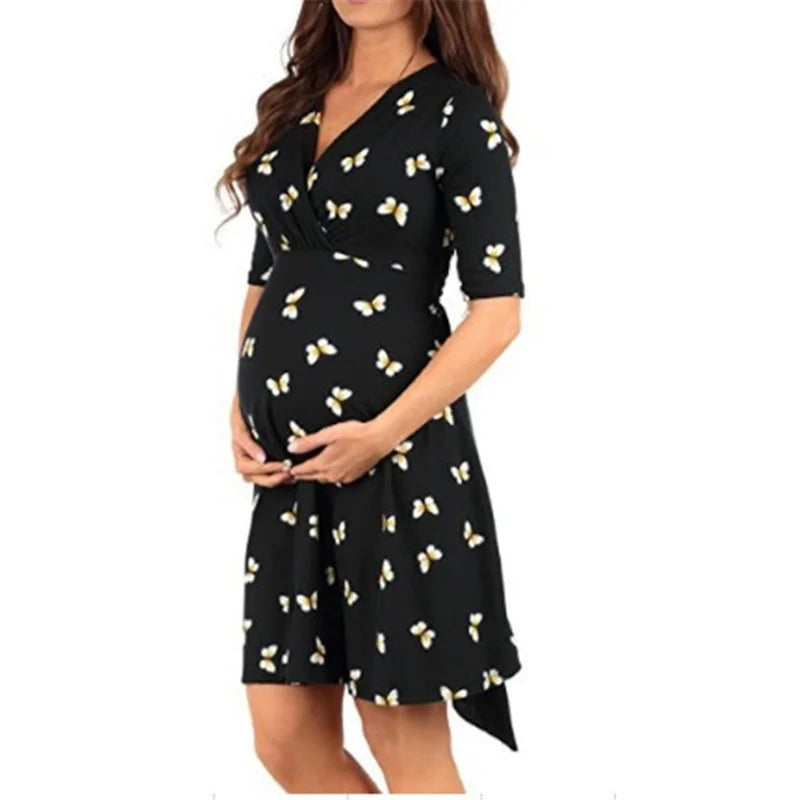 Euramerican Lady's Sexy V-Neck Maternity Short Sleeve Printing Clothing Slim Waist Floor-Length Convenient Pregnant Clothes