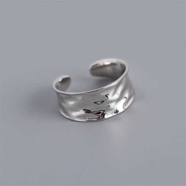 Fashion Simple Irregular Wide Band Beating Effect 925 Sterling Silver Open Adjustable Finger Bump Ring for Women