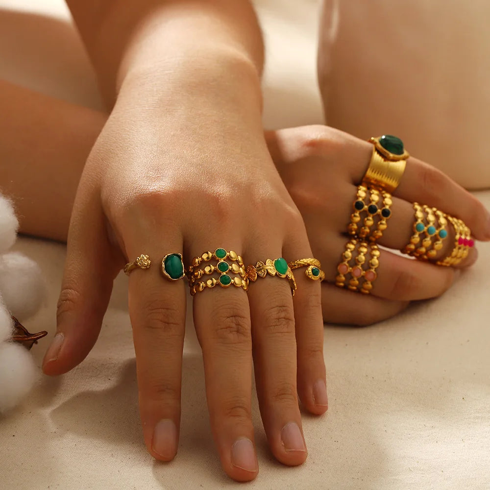 Vintage Haute Sense Set Zirconia Jewelry 18K Gold Malachite Open Ring for Women