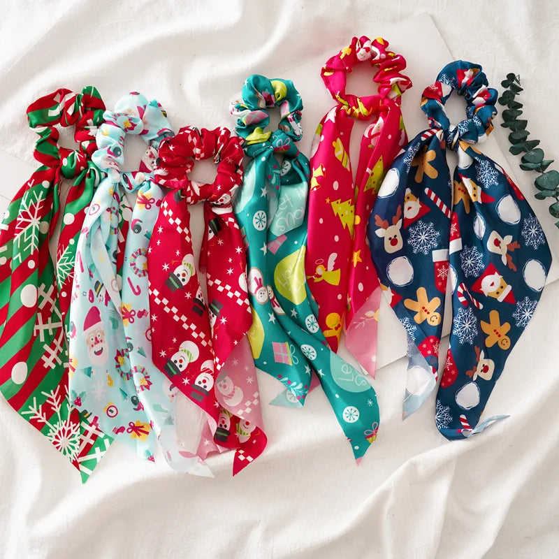 Women Girls Hair Ribbon Ties Scarf Hair Scarves Scrunchy Pack Long Bow Bowknot Tails Christmas Scrunchie Ponytail Holder