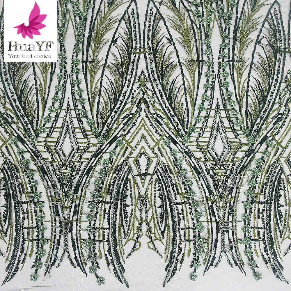 2022 High Quality Handmade Green Beads Lace Embroidery With Beaded Fringe Sequins Fabric  HY2047