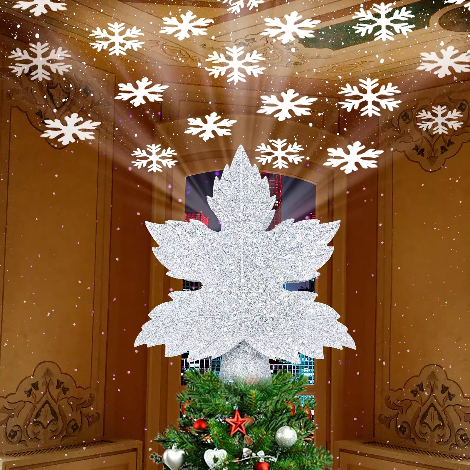 3D Glitter Maple Leaf Snowflake LED Christmas Tree Topper IP44 Projector Decorate for Ornament