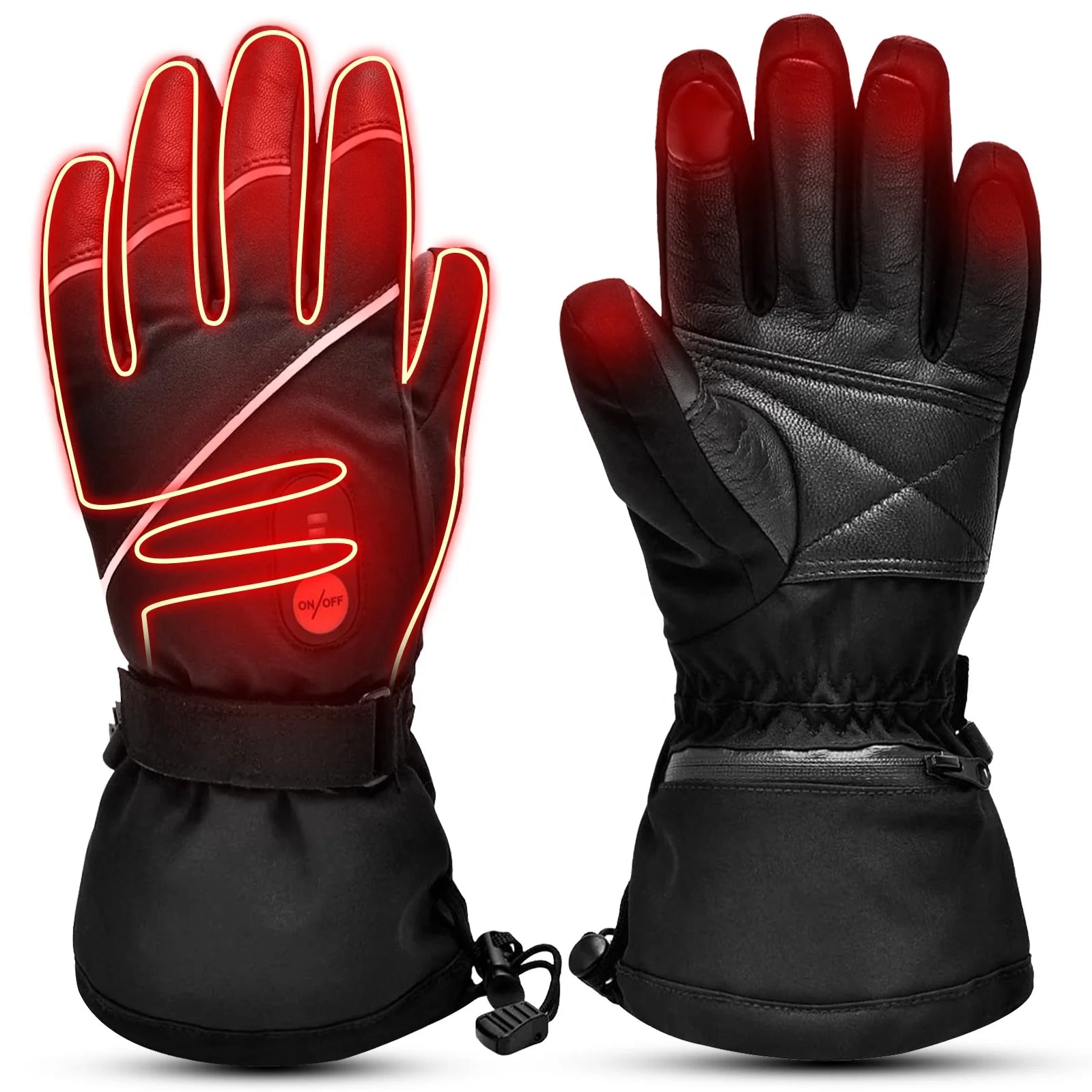 Men Leather Ski Gloves Waterproof Heated Gloves 7.4v Electric Rechargeable Heated Ski Gloves for Skiing Snowboarding