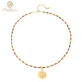 Women's All-Match Stainless Steel and Gold Sun Pendant Necklace with Tiger Eye Stone Beads Fashion Jewelry Sun and Tiger Eye