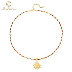 Women's All-Match Stainless Steel and Gold Sun Pendant Necklace with Tiger Eye Stone Beads Fashion Jewelry Sun and Tiger Eye