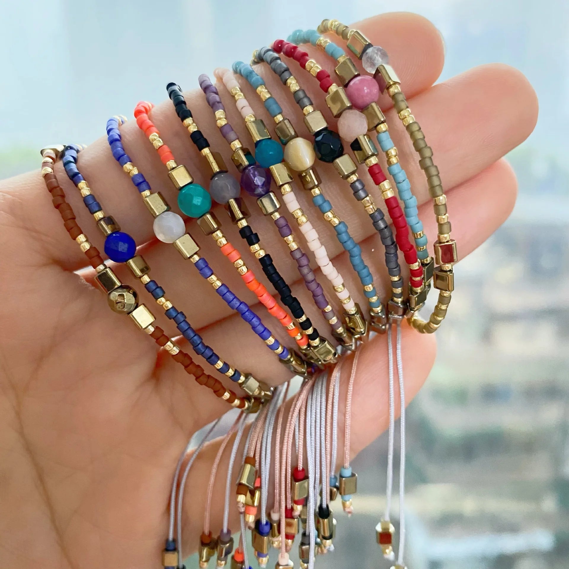 Japan Korean Fashion Boho Handmade Stretch Adjustable Rope Lucky Natural Stone Charm Glass Resin Miyuki Seed Bead Bracelet