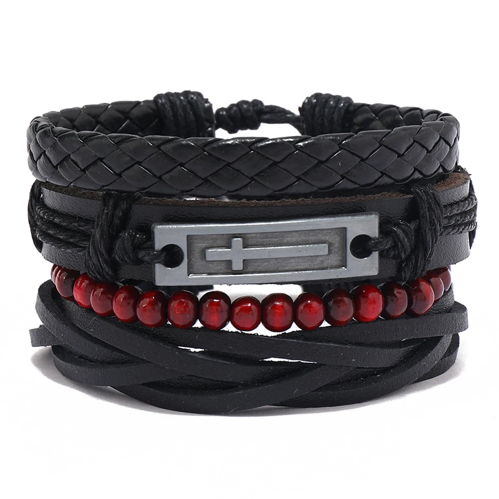 Wholesale Punk Cross Style 4pcs Leather Braided Wrap Bracelets Fashionable Wood Bead Bracelet for Men and Women