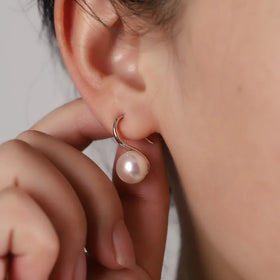 Certified Lao Zhang Pearl S925 Silver Simple Fashion Earrings Freshwater 9-10Mm