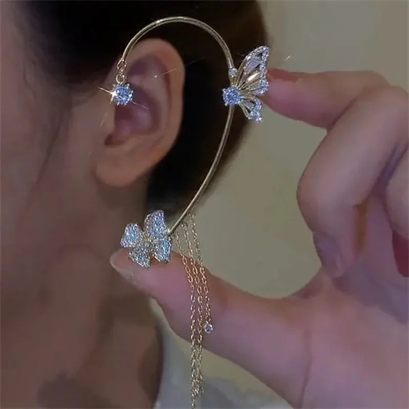 New Design Crystal Butterfly Cuff Earrings Flower Tassel No Piercing Zircon Butterfly Ear Clip Earring for Women