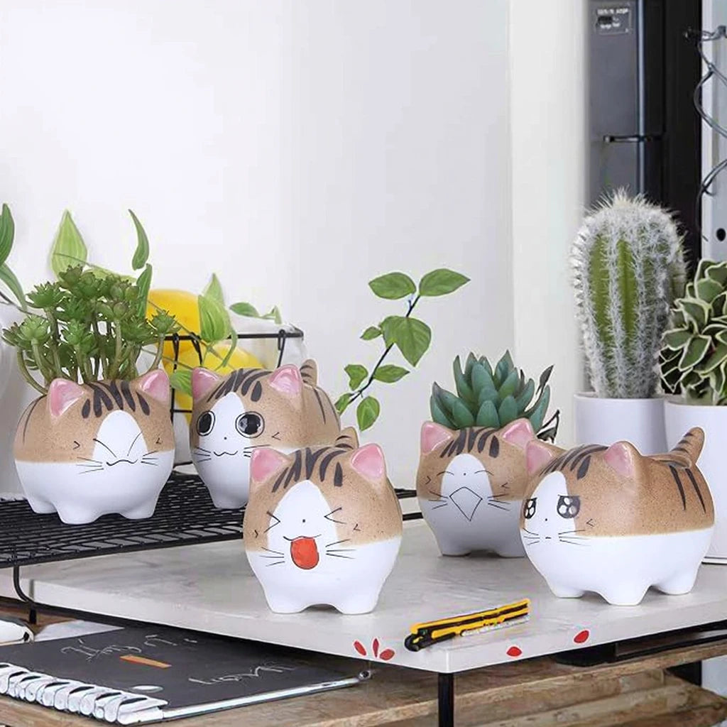 Handmade Creative Lovely Animal Cartoon Ceramic Flower Pot Mini Succulent Planter Cat Planter Flowerpots