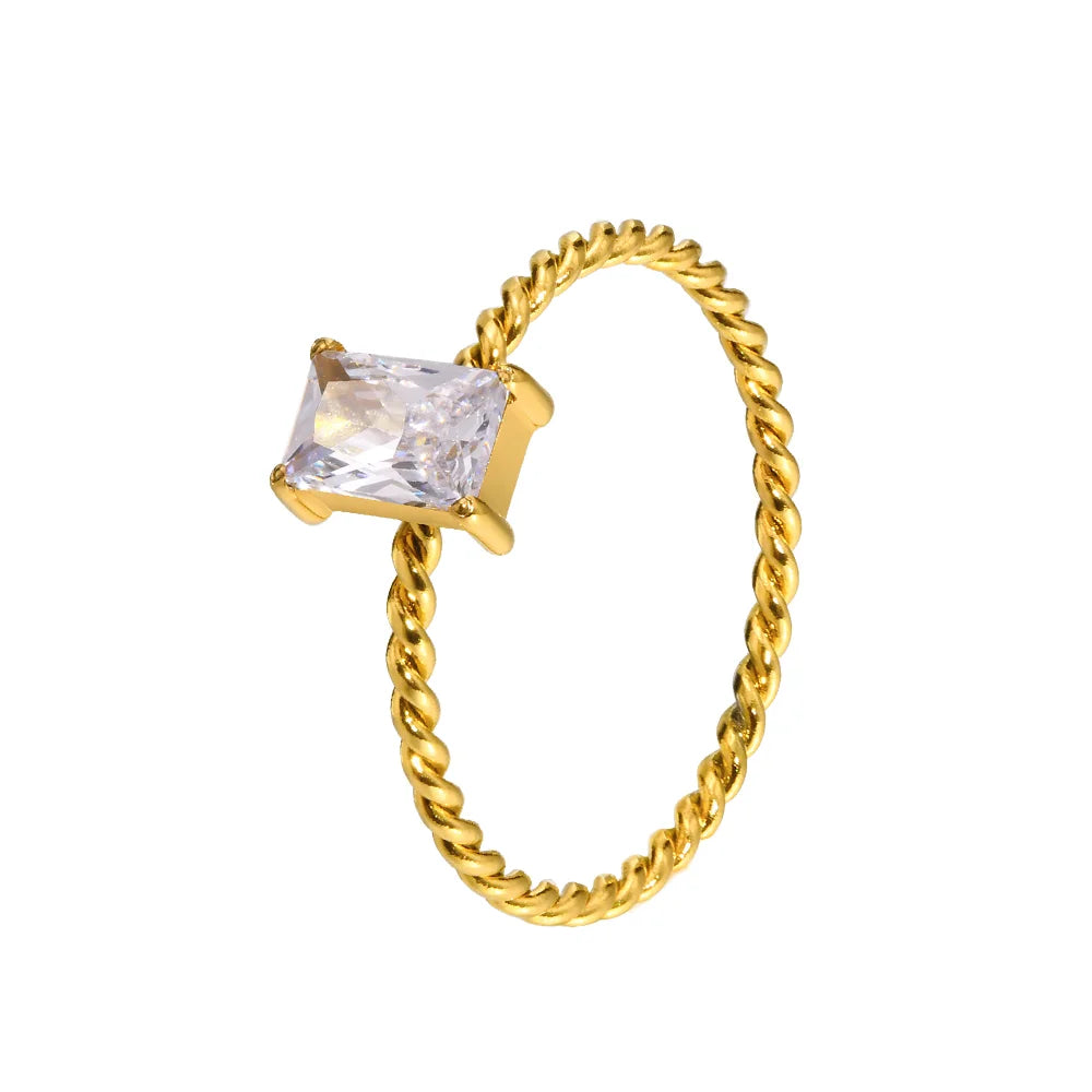 Wholesale 18K Gold Plated Stainless Steel Women's Fashion Ring Trendy Twist Thin CZ Green Square Cubic Zircon Weddings Party