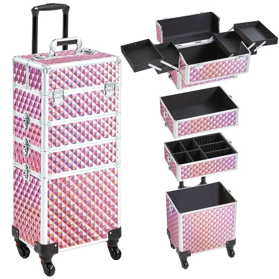 Rolling Makeup Case Artist Cosmetic Train Case Aluminum 4-In-1 Makeup Trolley case
