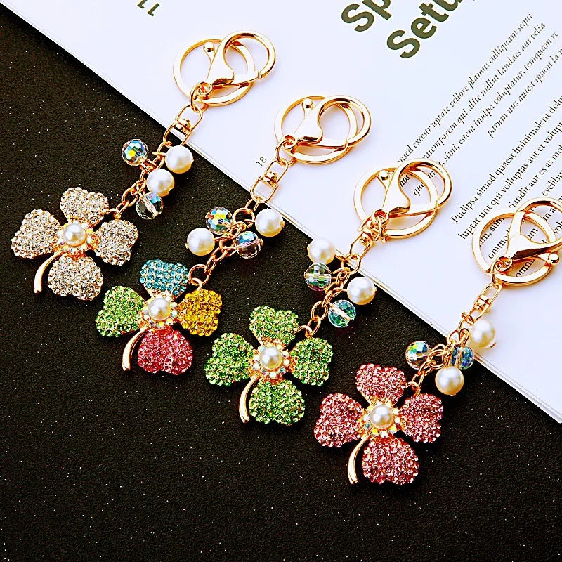 Fashion Flowers Bling Crystal Key Chain Women Rhinestone Pearl Keychain Cute Lucky Grass Key Ring