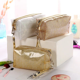 Summer Ladies Cosmetic Bag Quicksand Gold Lace Striped Zipper Pu Cosmetic Storage Bag