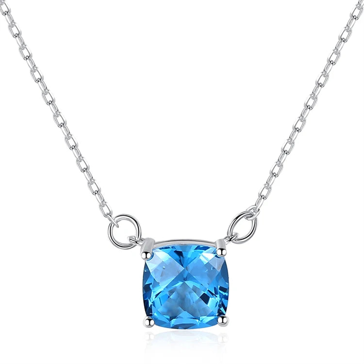 Luxury Fine Jewelry Square Shape Blue Topaz Gemstone Pendant 925 Sterling Silver Simple Stone Zircons Necklace for Women