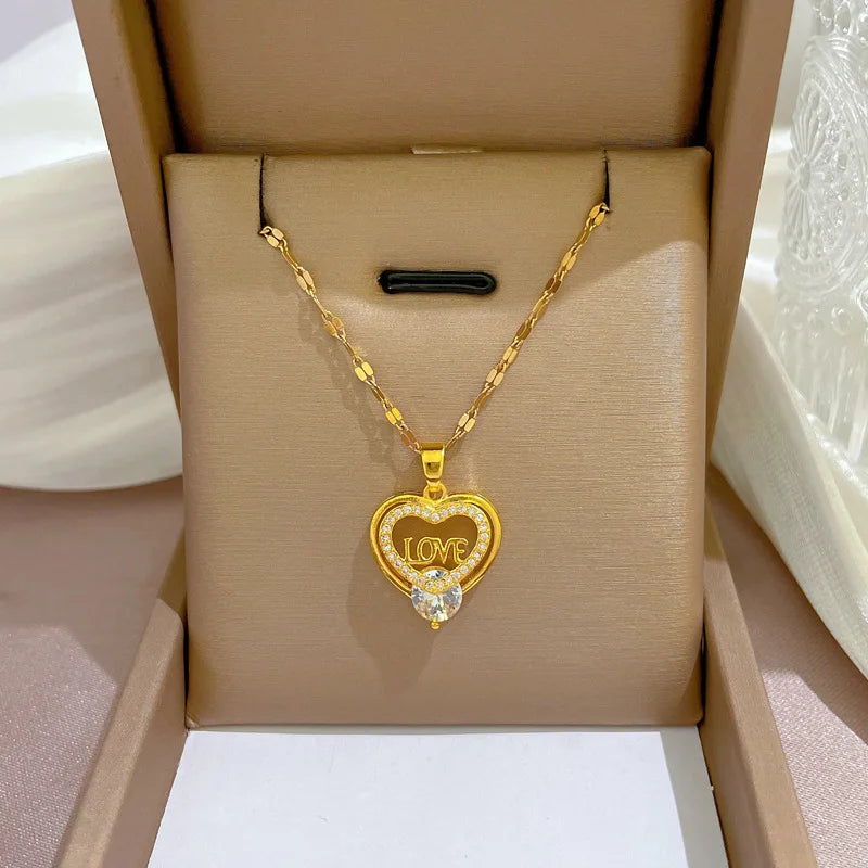 Sparkling Stainless Steel Love Shaped Choker Necklace Micro Inlay CZ Hollow Out Heart Pendant Necklace for Valentine's Day Gift