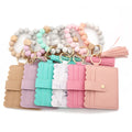 NEW PU Leather Wristlet Keychain Wallet Coin Purse With Bangle Leopard Print Silicon Beads Bracelet Tassel Card Holder Keychain