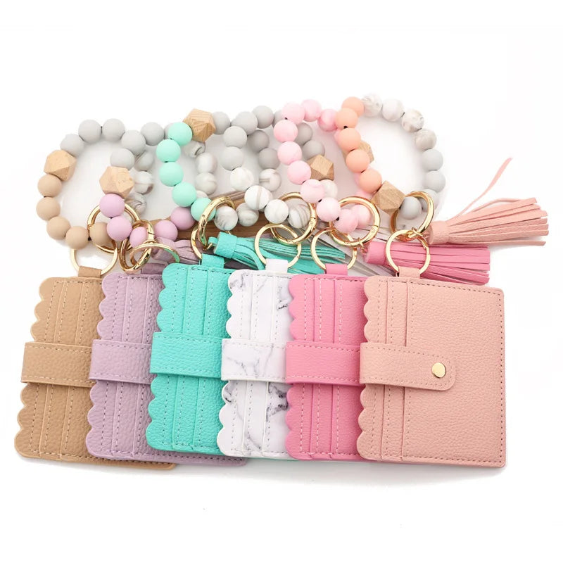 NEW PU Leather Wristlet Keychain Wallet Coin Purse With Bangle Leopard Print Silicon Beads Bracelet Tassel Card Holder Keychain